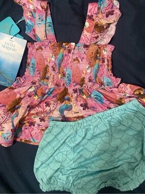 Disney Pink Smocked Mermaid Top with Aqua Scale Bloomers